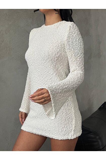 KENZA'A TRKO Women's Backless Spanish Sleeve Knitwear Patterned Mini Dress-  Trendyol