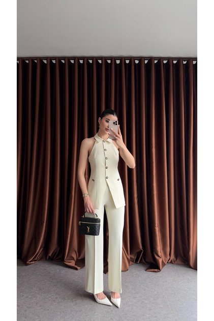 Pale Yellow Halter Collar Vest-Pants Set