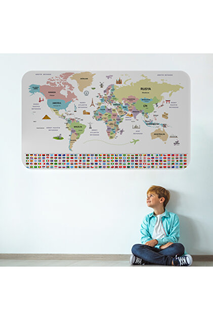 Turkish Country Flag Educational Capital Detailed Atlas World Map Wall Sticker-3859
