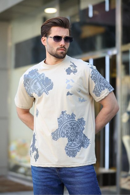 Ανδρικό T-Shirt με μπεζ 100% βαμβακερό σχέδιο E7142