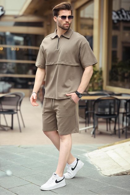 Brown Zippered Polo Neck Men's Shorts Shirt Set E7314