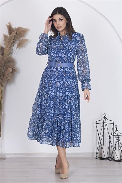 Dipmoda Women's Lined Ethnic Patterned Chiffon Dress Rsdp002 - Blue-  Trendyol