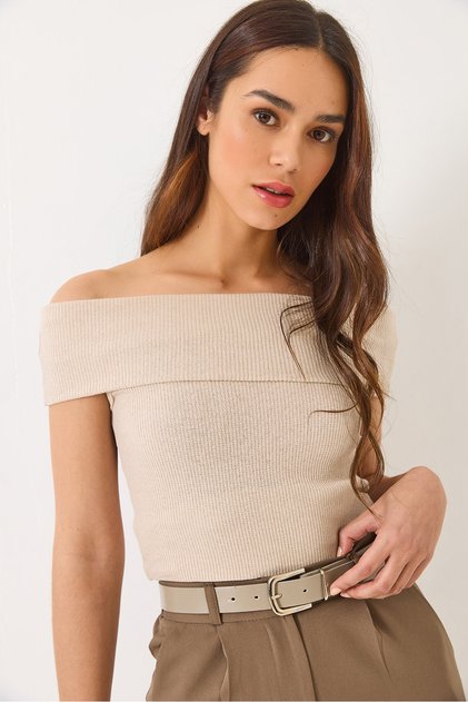 Damen Stone Madonna Kragen-Fitkragen-Basic-Bluse 60284012