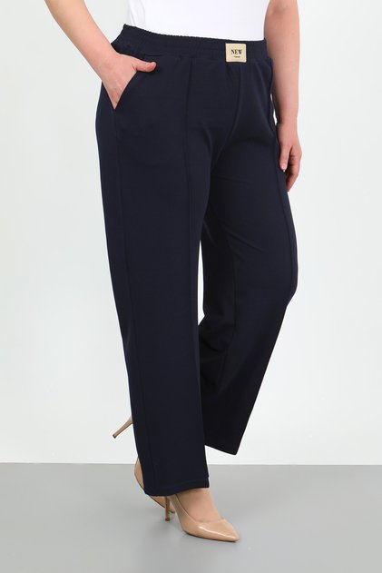 Women's Navy Blue Elastic Waist Lycra High Waist Large Size Trousers