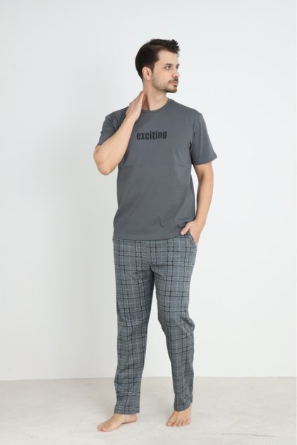Men's Crew Neck Short Sleeve Pocket Summer Pajama Set 100% Cotton