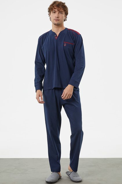 Hakim Collar Pocket Pajama Set - Navy Blue