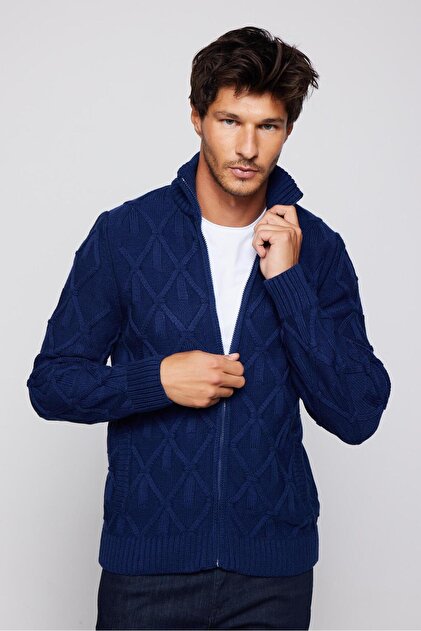 Tudors Erkek Slim Fit Desenli Dik Yaka Fermuarlı Sax Mavi Hırka