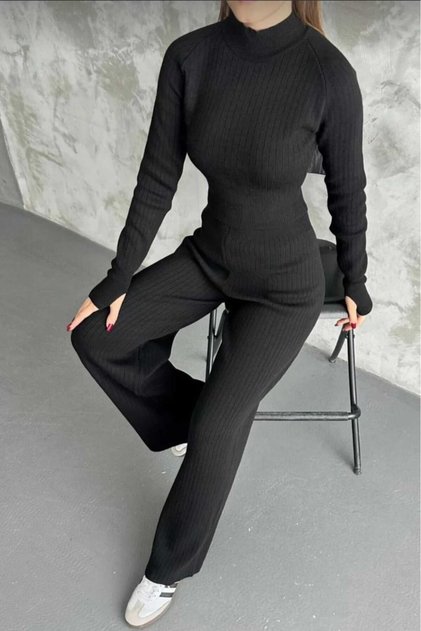 Half Fisherman Knit Crop Sweater Trousers Knitwear Top and Bottom Set