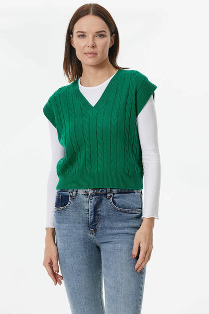 V-Neck Braided Knitwear Sweater - Green