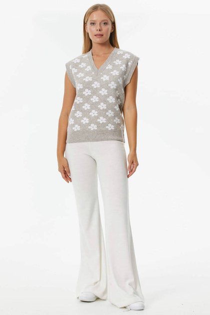 V-Neck Floral Motif Knitwear Sweater - Mink