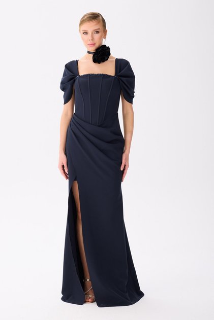 Navy Blue Back Tie Crepe Evening Dress