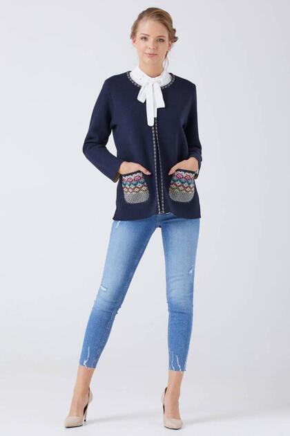 Women's Zippered Pocket Knitwear Jacket - Navy Blue - Cream