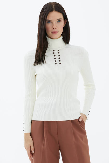 Full Turtleneck Buttoned Knitwear Sweater - Bone