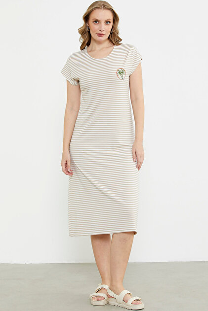 Marine Combed Cotton Dress with Embroidery Detail - Brown