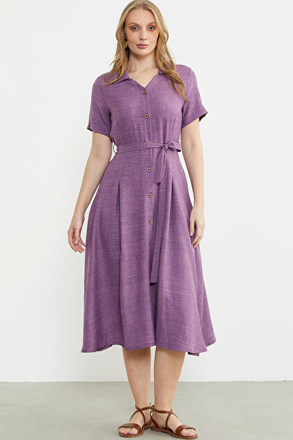 Sementa Purple Linen Shirt Dress - Long Style- Trendyol