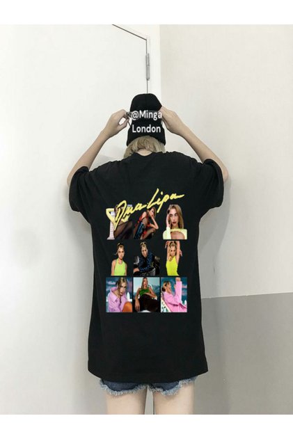Black Dua Lipa Photo Collage Detail Front/Back Printed Oversize Unisex T-Shirt -Minga London