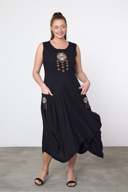 Women's Black Ethnic Authentic Embroidery Detailed Pocket Viscose Cotton Woven Bohemian Dress