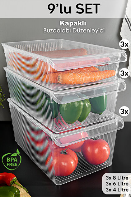 Meleni Home 9'lu Kapaklı Buzdolabı Düzenleyici Set - Meyve Sebze