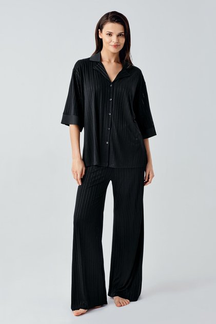 Three Quarter Sleeve Buttoned Satin Detailed Stretchy Viscose Pajama Set