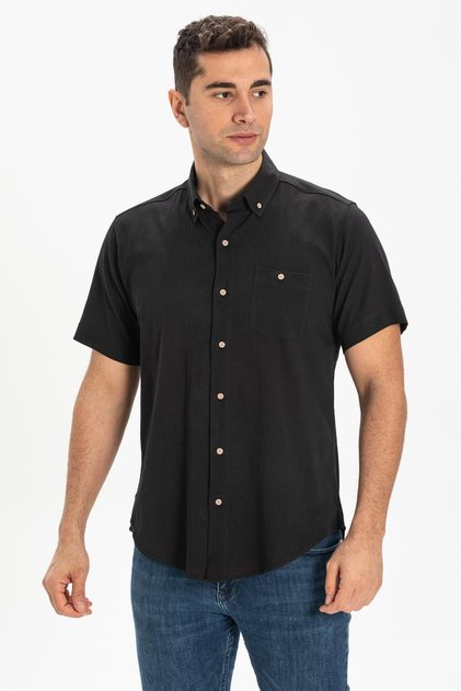 Short Sleeve Slim Fit Şile Cloth Single Pocket Men's Summer Shirt Black 3003