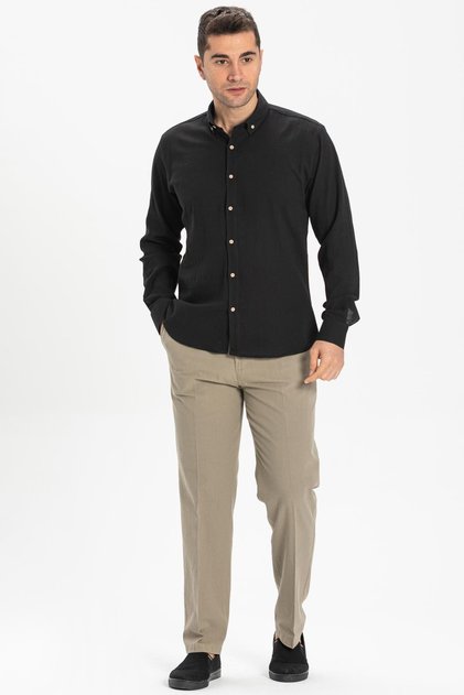 Long Sleeve Slim Fit Şile Fabric Single Pocket Men's Summer Shirt Black 3003