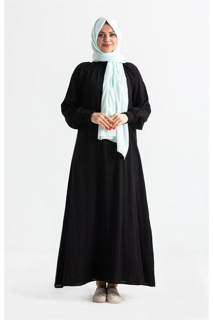 Women's Şile Cloth Cotton Prayer Dress One-Piece Easy to Wear with Elastic Sleeves and Collar Black Sy