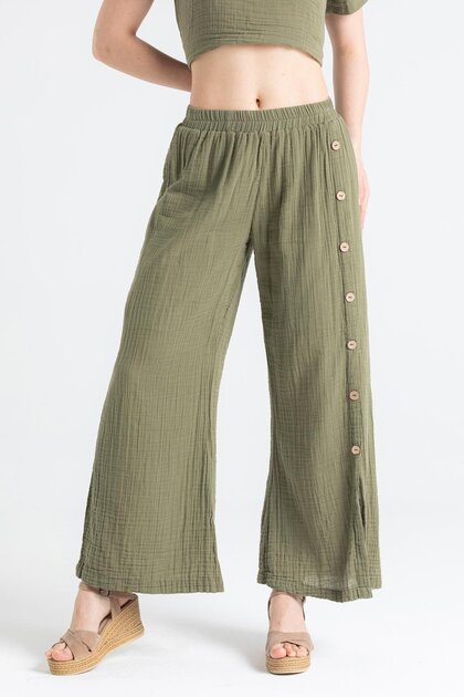 İzel Slit Summer Muslin Trousers Khaki Hk