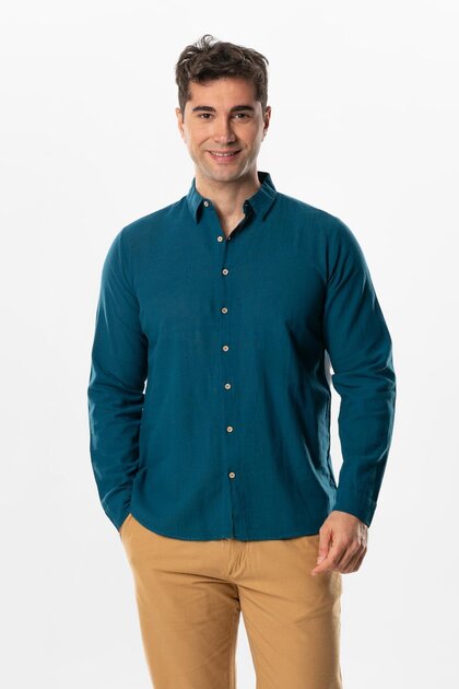 Long Sleeve Poplin Mediterranean Men's Summer Shirt Petrol Ptrl