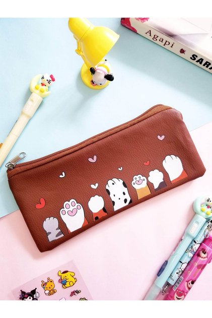 Pati Animal Love Cat Kitten Bear Teddy Bear Sweet Faux Leather Makeup Bag Pen Holder Pencil Case