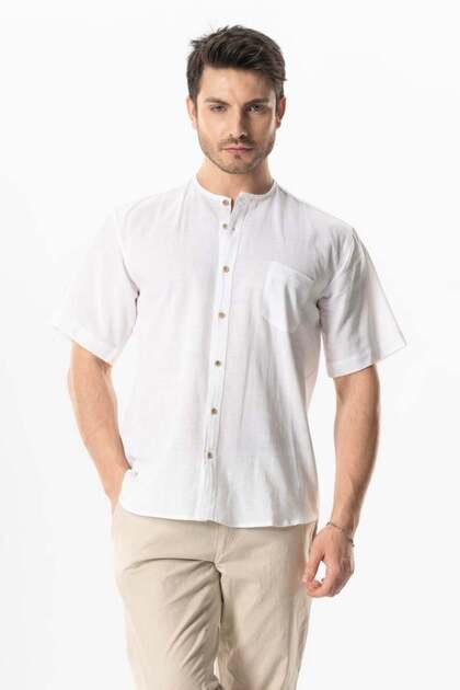 Short Sleeve Shile Cloth Single Pocket Crew Neck Men's Summer Shirt White 3001