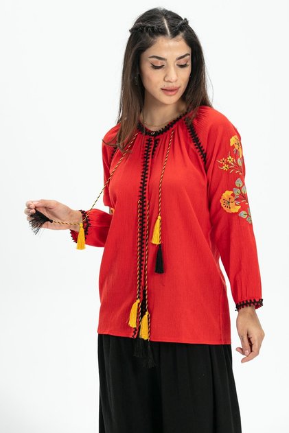 Long Sleeve Şile Cloth Nigar Summer Blouse Red Krmz