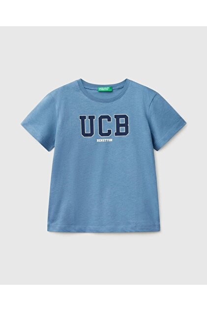 Boy's Aviator Blue Benetton Logo Printed T-Shirt