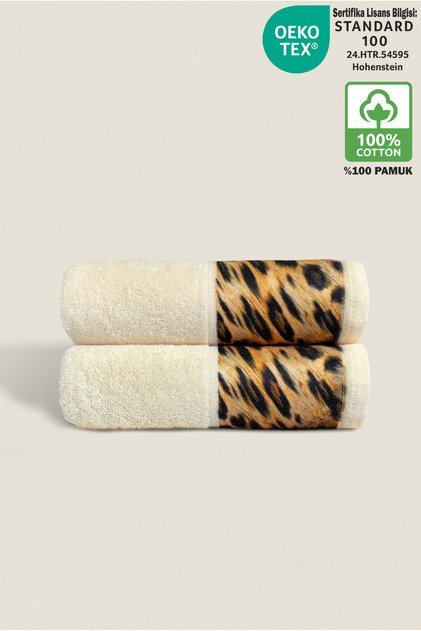 2-Piece Leopard Towel Set 100% Cotton Certified, Hand / Face / Kitchen Towel 50X90Cm - Cream