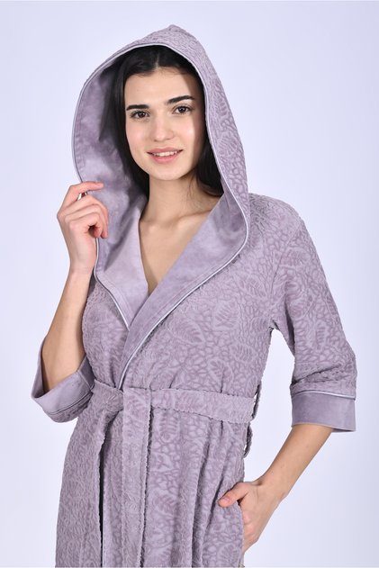 Satin Piping Jacquard Hooded Bamboo Cotton Dressing Gown