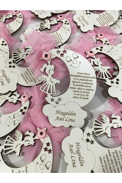 Ahşap Kız Bebek Nazar Dualı Bebek Hediyelik Magnet 25 Adet Pembe Süslü Beyaz Ahşap