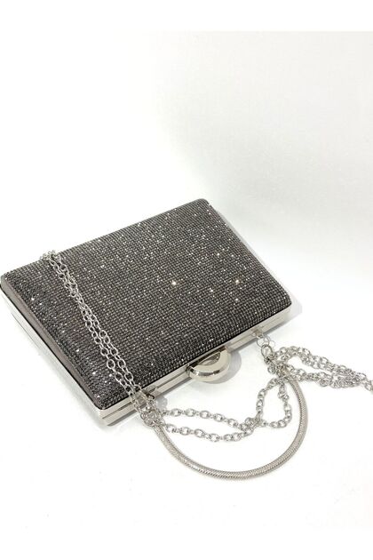 Platinum Color Stone Stylish Evening Dress Clutch Portfolio Chain Strap Wedding Engagement Night Handbag