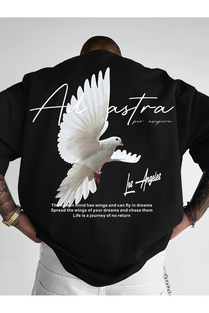 Men's Round Neck American Street Letter Wide T-Shirt, Peace Dove
