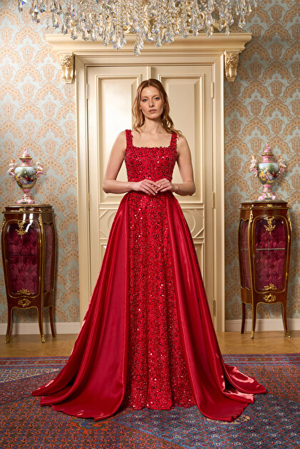 Lenta Moda Red Square Collar Lace Overlay Henna Dress with Removable Skirt  Detail- Trendyol