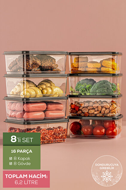 8'li 775 ml Buzdolabı Düzenleyici Organizer Mikrodalgaya Uygun Difriz Saklama Kabı Gri
