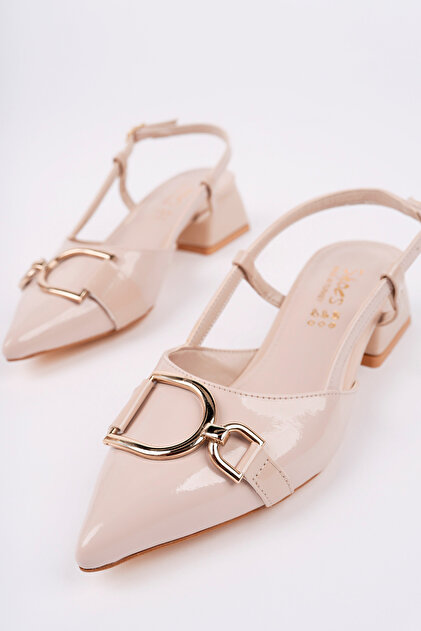 Women's Beige Patent Leather Buckle Pointed Toe Short Heeled Shoes