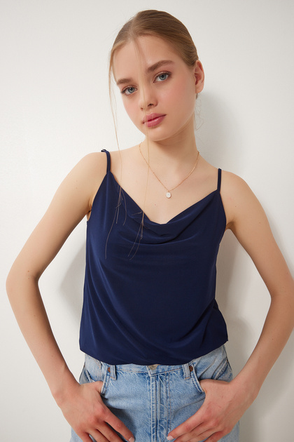 Women's Navy Blue Strappy Collar Sandy Knitted Blouse RX00036