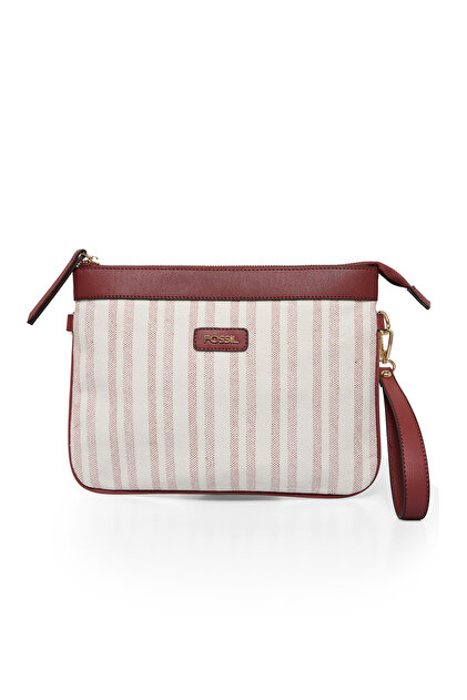 Fossil Kiremit Kadın Uzun Askılı Çizgi Desenli Kanvas Clutch El
