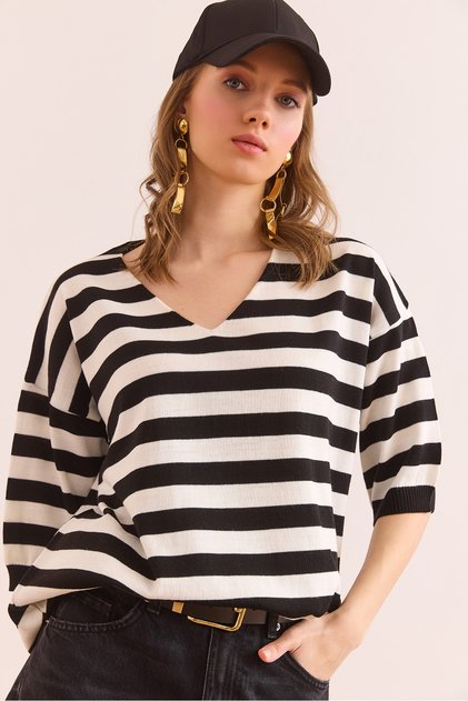 Women's Black V-Neck Striped Short Sleeve Knitwear Blouse Blz- 19002837
