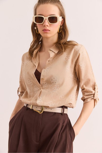 Γυναικείο λινό πουκάμισο Ivy Beige με διπλό μανίκι GML- 19000825
