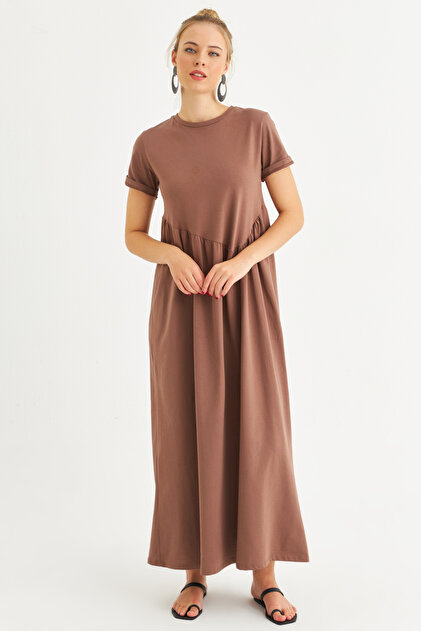 Cool & Modest Women's Milk Coffee Asymmetric Stitching Maxi Dress Mdmr440-  Trendyol