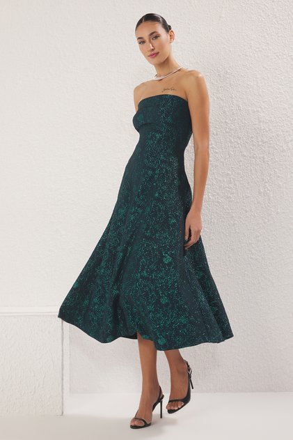 Rochie de seară elegantă, verde smarald, cu croială în formă de A, țesătură jacquard, lungime midi, rochie de banchet TPRSS25EL00282