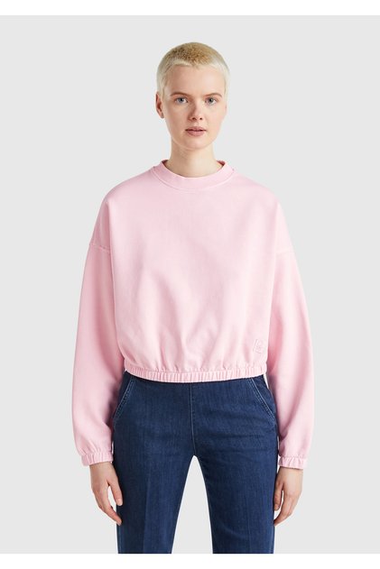 Women's Pink 100% Cotton Logo Printed Off-Shoulder Relax Fit Sweatshirt