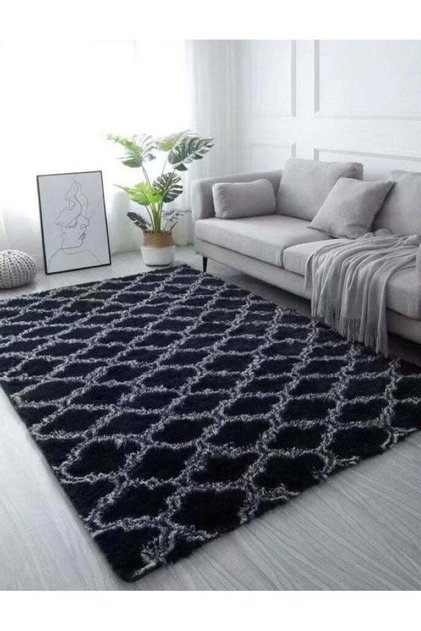 SOFT & FLUFFY ANTI SKID LIVING/BEDROOM CARPET BLACK WHITE 160 X 210 CM