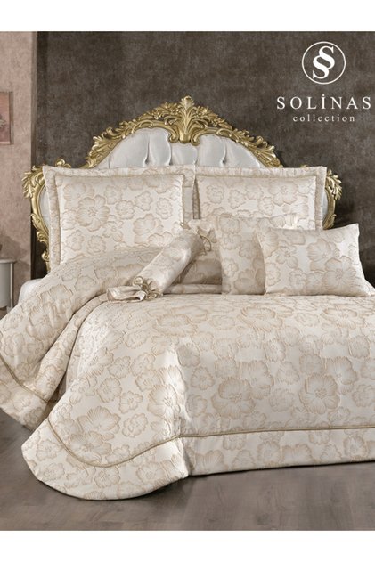 Elegante Rosalina Krem - Vizon Çift Kişilik Çeyizlik Yatak Örtüsü