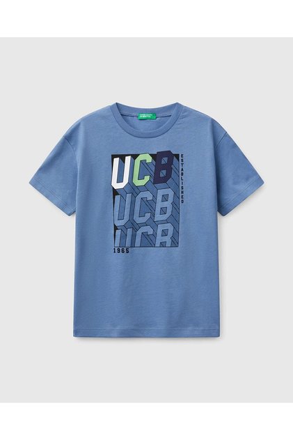 Boy's Aviator Blue Benetton Logo Printed T-Shirt
